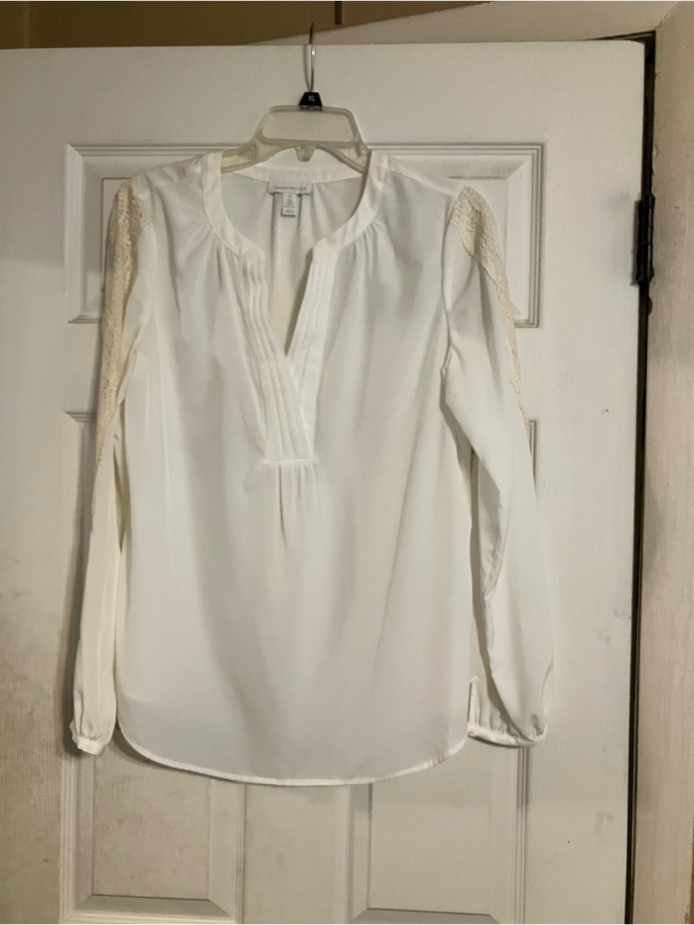 Women’s Cream Crochet Lace-Trim Long Sleeve Blouse, Beautiful Soft, Size Medium